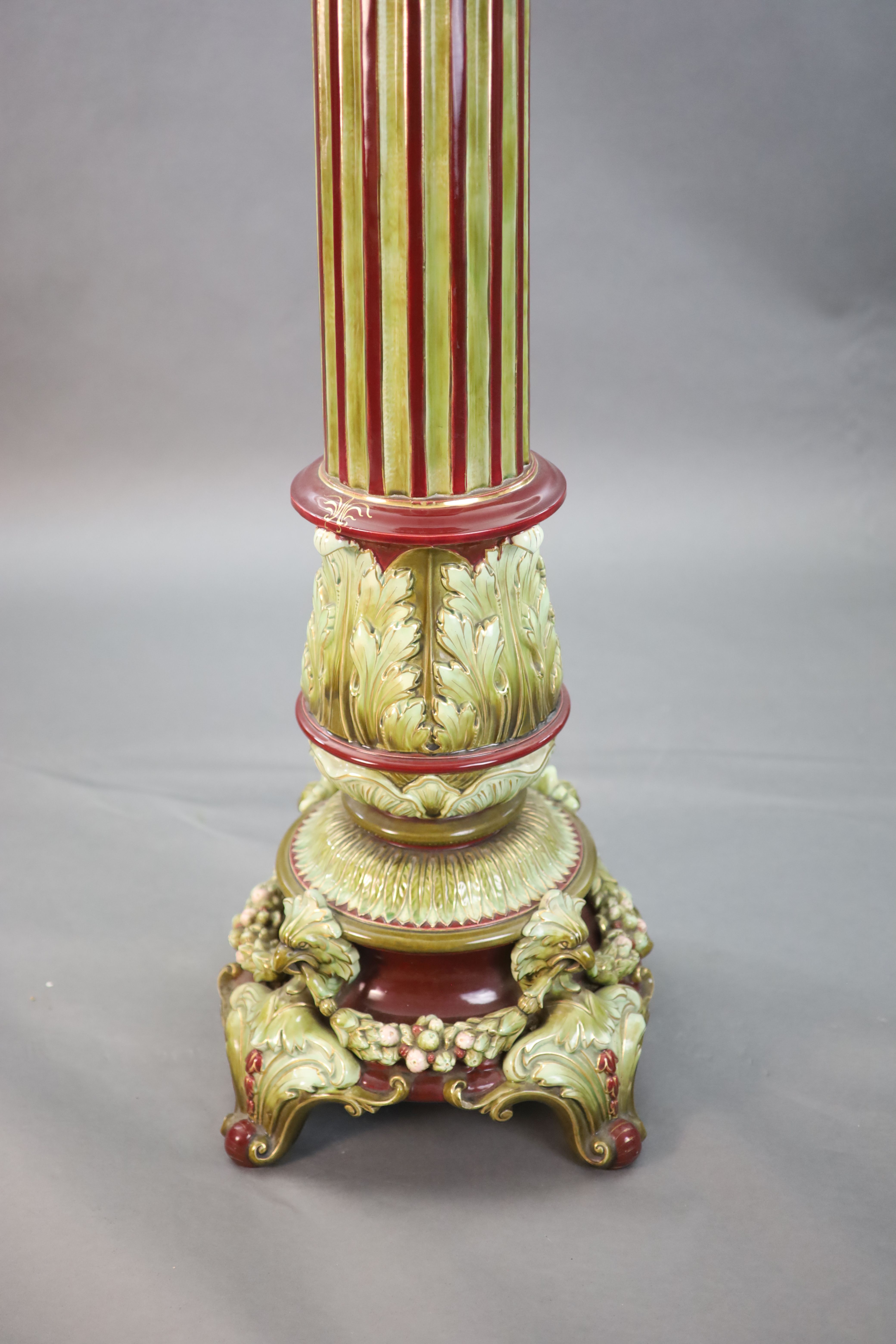A Continental Baroque revival polychrome earthenware jardiniere and pedestal, c.1905, total height 149.5cm